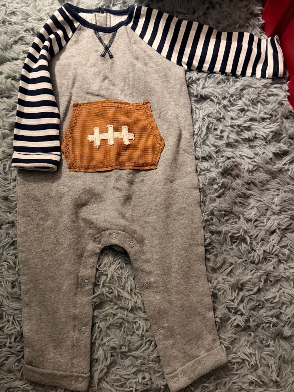 EUC Grey One-Piece with Striped Sleeves & football pocket 9-12 months. Worn Once